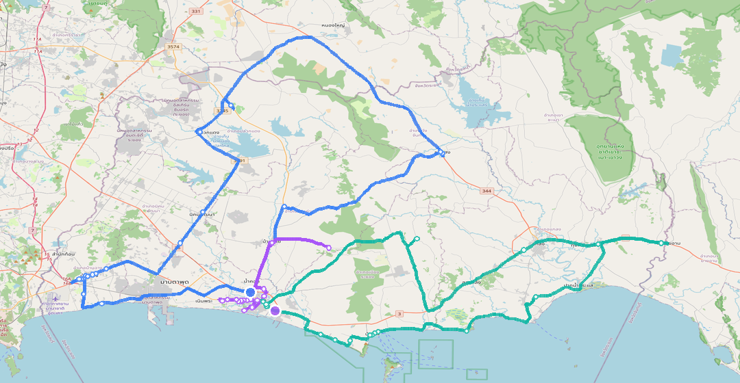 Three colour-coded van routes across Rayong, each starting and ending at its depot