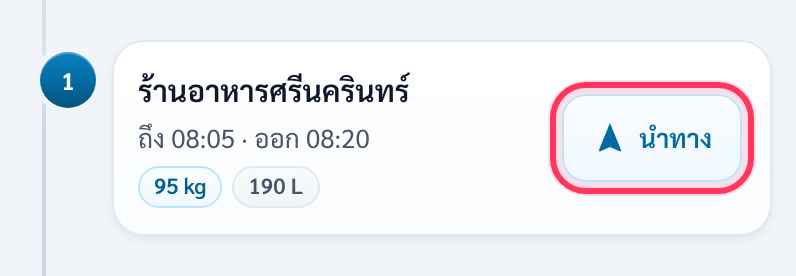 การ์ดจุดส่งลำดับ 1 ร้านอาหารศรีนครินทร์ ถึง 08:05 ออก 08:20 ของ 95 กก. 190 ลิตร และปุ่มนำทางที่มีวงสีแดงรอบ