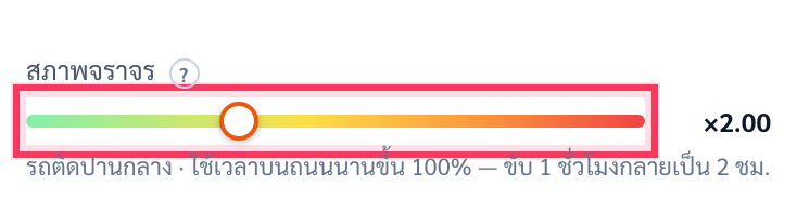 แถบเลื่อนสภาพจราจร ตั้งไว้กลาง ๆ มีวงสีแดงรอบ ค่าอ่านว่า ×2.00 และคำอธิบายว่ารถติดปานกลาง ใช้เวลาบนถนนนานขึ้น 100% ขับ 1 ชั่วโมงกลายเป็น 2 ชม.
