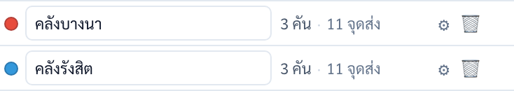ตารางคลังสองแถว คลังบางนา และคลังรังสิต แต่ละแถวมีรถ 4 ล้อ 3 คัน