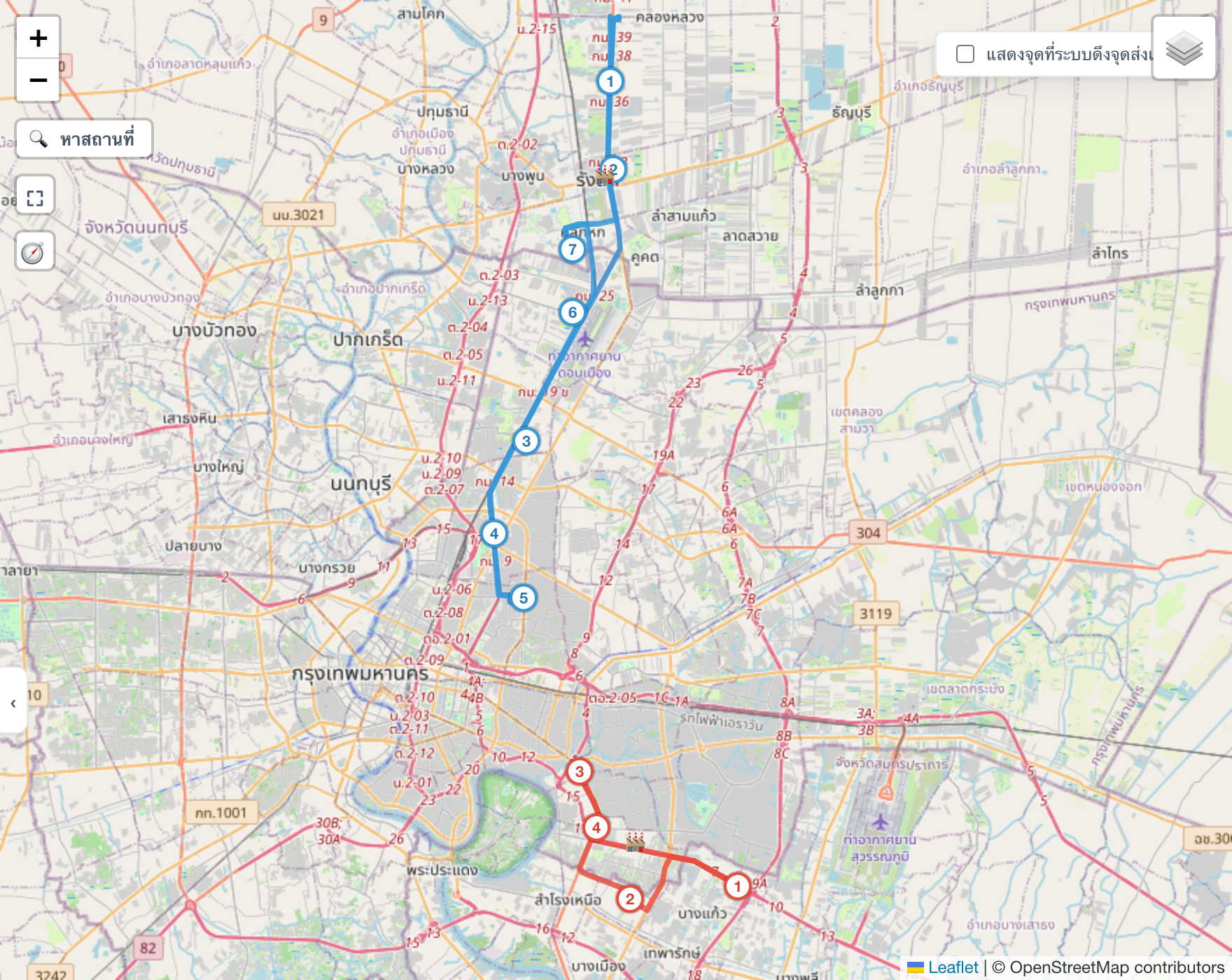 แผนที่กรุงเทพ เส้นสีแดงของรถจากคลังบางนาวนอยู่แถวบางนาด้านล่าง เส้นสีฟ้าของรถจากคลังรังสิตลากลงมาเก็บจุดกลางที่จตุจักร ลาดพร้าว รัชโยธิน